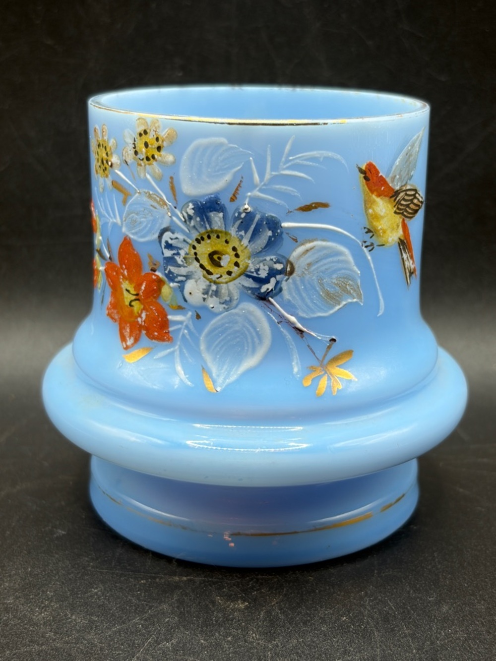 Antique Victorian Hand Painted Blue Bristol Glass Floral Bird Motif Vase Vessel